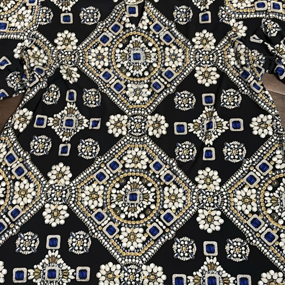 JM Collection Women Top Sz 3X Black Tan Royal blue Gem Print Keyhole Blouse - Picture 3 of 8